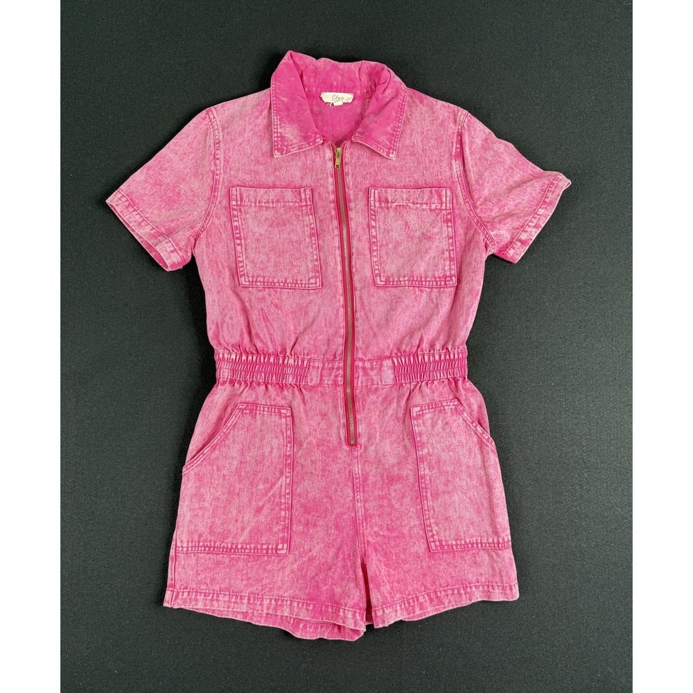 Pink Acid Wash Denim Romper Zip-Up Short Sleeve Summer Outfit Pockets Womens L